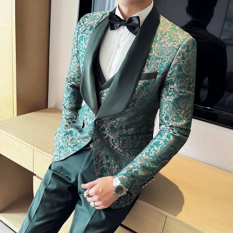 Spring 2025 Men's British Style Business Casual Three-Piece Suit Vest Trousers High-Density Jacquard Wedding Dress - Luzilly Bridal & Apparel