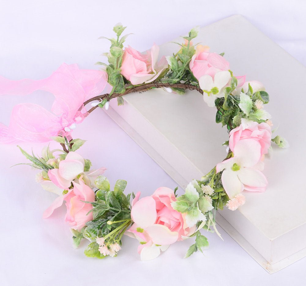 Spring flower wreath, fresh simulation flower headdress, green plants, flowers, crown, bride's vacation, wedding headdress, flow - Luzilly Bridal & Apparel