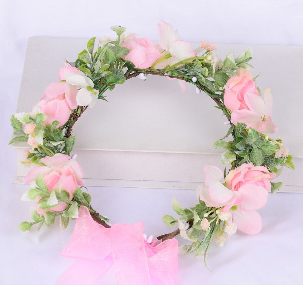 Spring flower wreath, fresh simulation flower headdress, green plants, flowers, crown, bride's vacation, wedding headdress, flow - Luzilly Bridal & Apparel