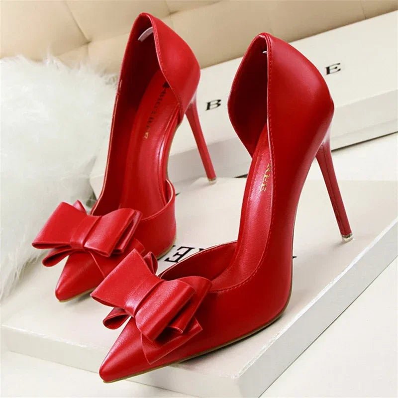 Spring Party Elegant Pink Butterfly-Knot High Heels Women Fashion Wedding Dress Pumps Side Hollowed Stiletto Shoes - Luzilly Bridal & Apparel