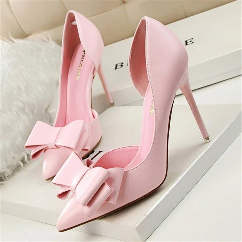 Spring Party Elegant Pink Butterfly-Knot High Heels Women Fashion Wedding Dress Pumps Side Hollowed Stiletto Shoes - Luzilly Bridal & Apparel