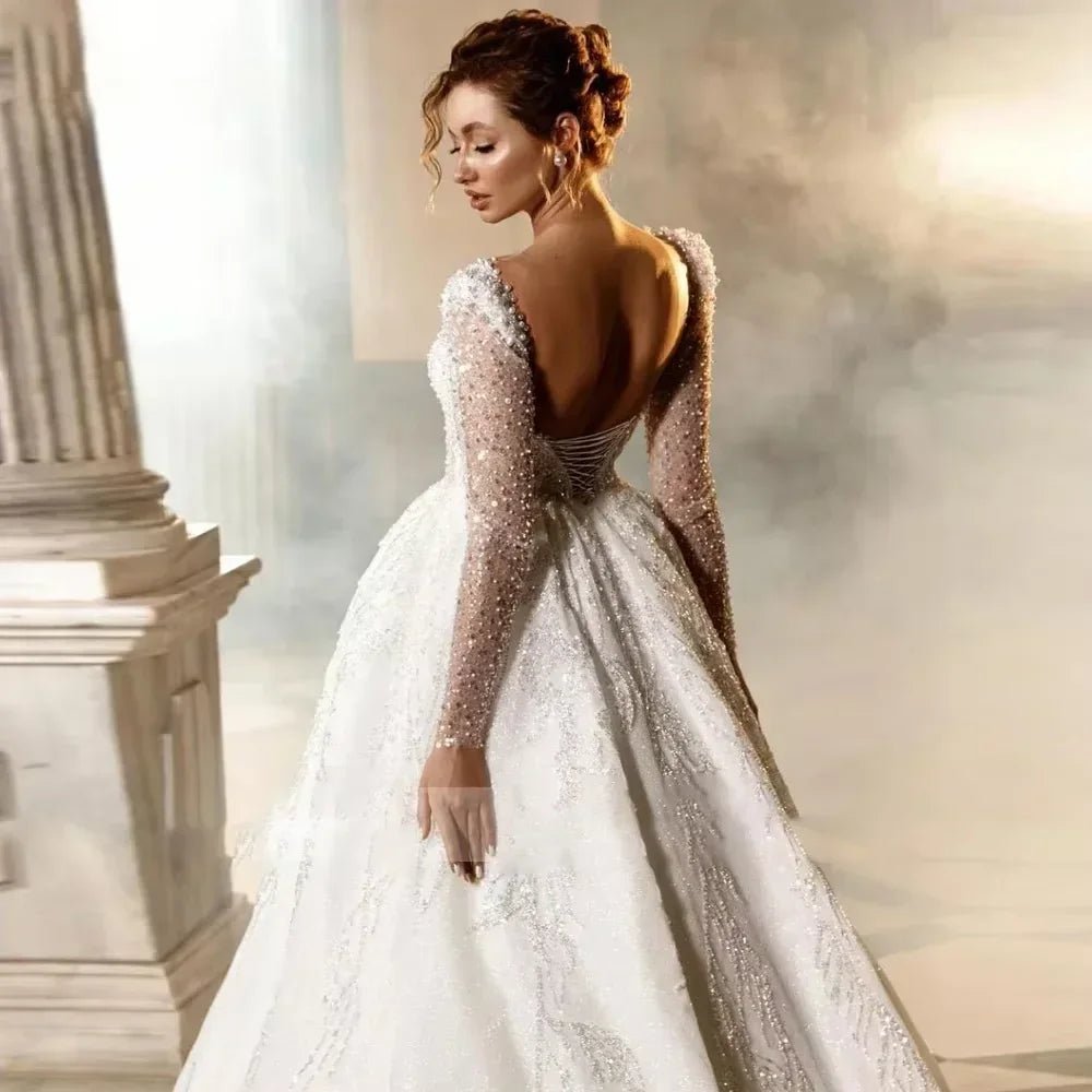 Square-Neck Beaded Lace Ball Gown Wedding Dress - Luzilly Bridal & Apparel