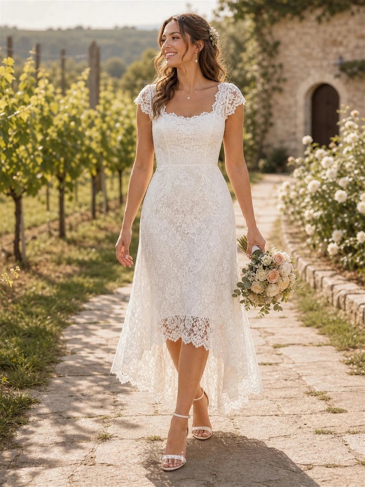Square-Neck Lace High-Low Wedding Dress with Cap Sleeves - Luzilly Bridal & Apparel