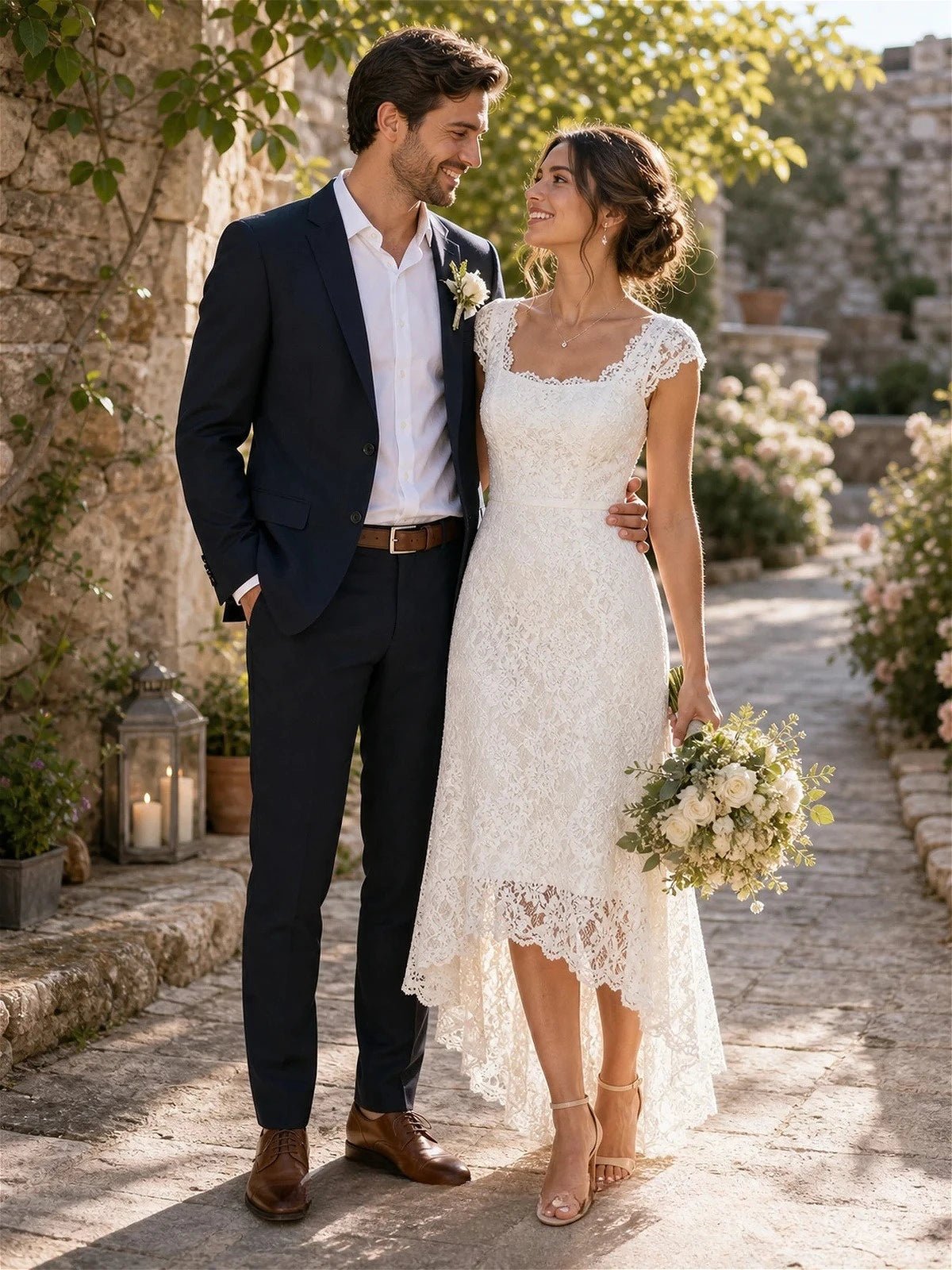 Square-Neck Lace High-Low Wedding Dress with Cap Sleeves - Luzilly Bridal & Apparel