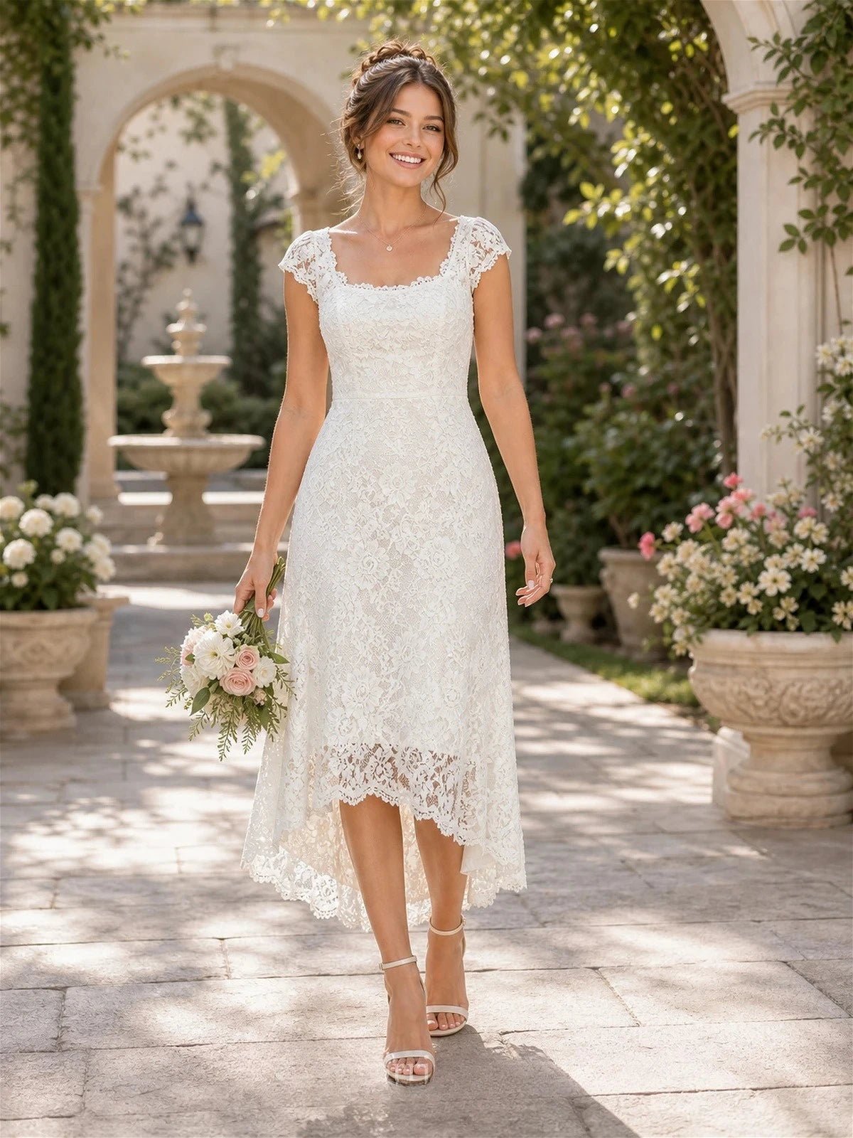 Square-Neck Lace High-Low Wedding Dress with Cap Sleeves - Luzilly Bridal & Apparel