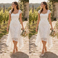 Square-Neck Lace High-Low Wedding Dress with Cap Sleeves - Luzilly Bridal & Apparel