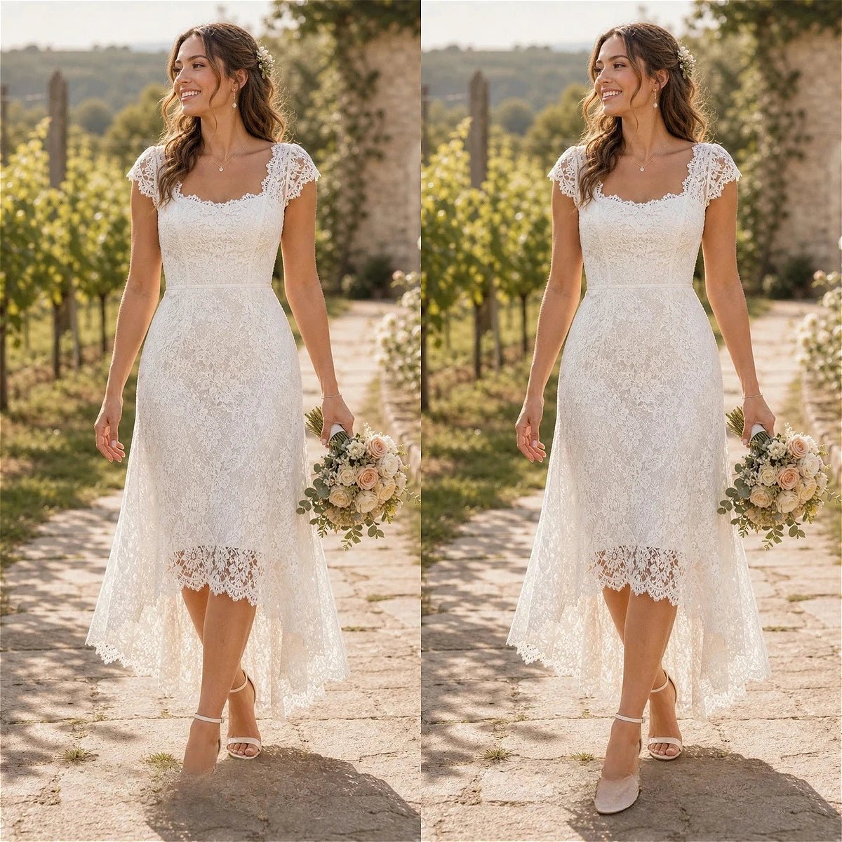 Square-Neck Lace High-Low Wedding Dress with Cap Sleeves - Luzilly Bridal & Apparel