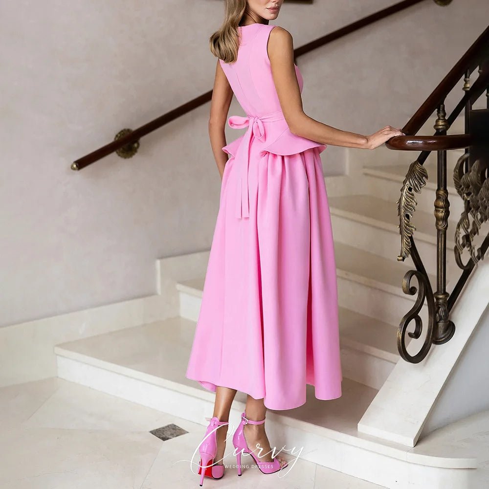 Square-Neck Midi Bridesmaid Dress with Sash Bow - Luzilly Bridal & Apparel