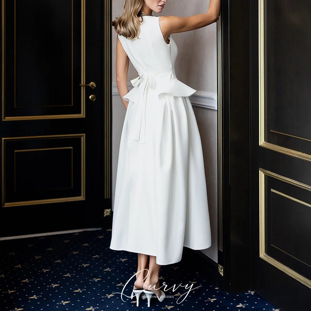 Square-Neck Midi Bridesmaid Dress with Sash Bow - Luzilly Bridal & Apparel