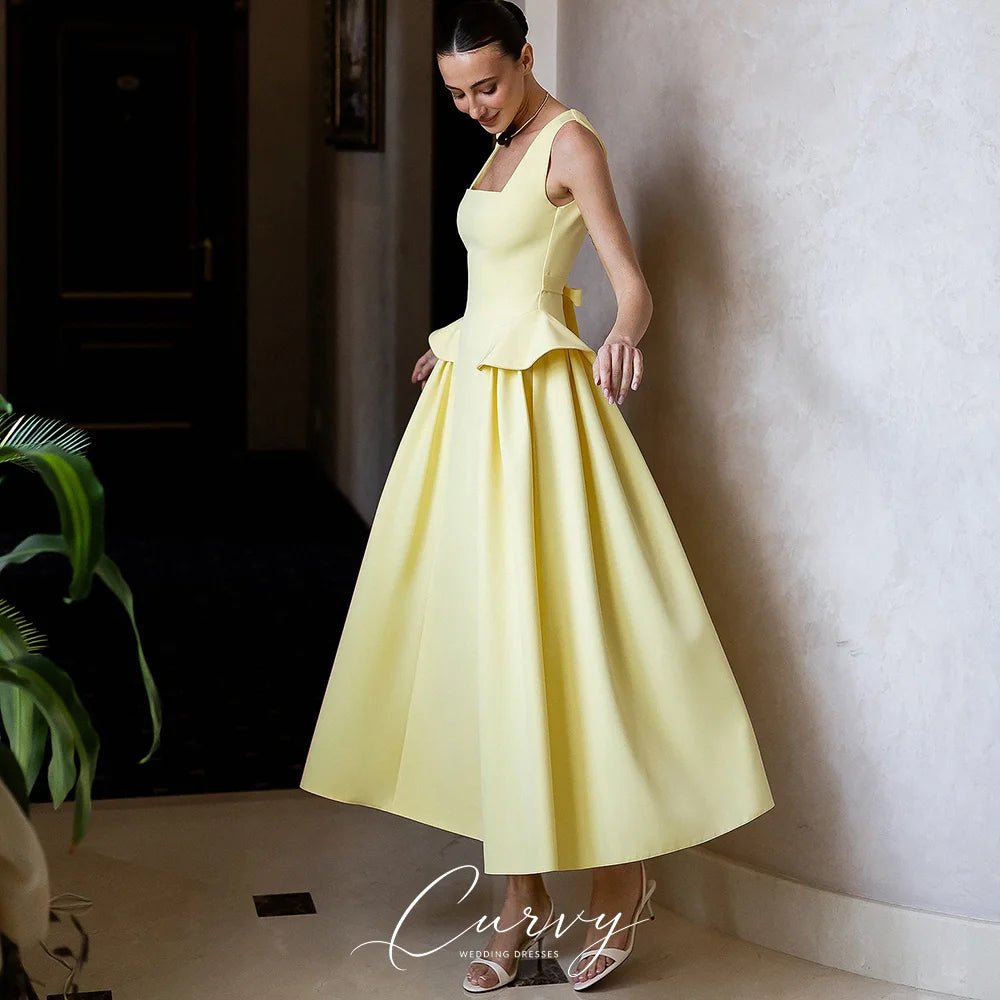 Square-Neck Midi Bridesmaid Dress with Sash Bow - Luzilly Bridal & Apparel