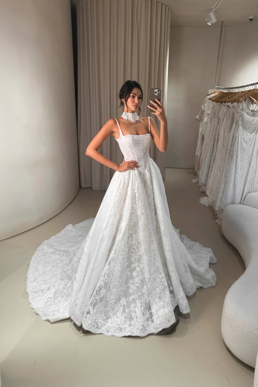 Square-Neck Off-Shoulder Long-Sleeve Satin Mermaid Wedding Dress - Luzilly Bridal & Apparel