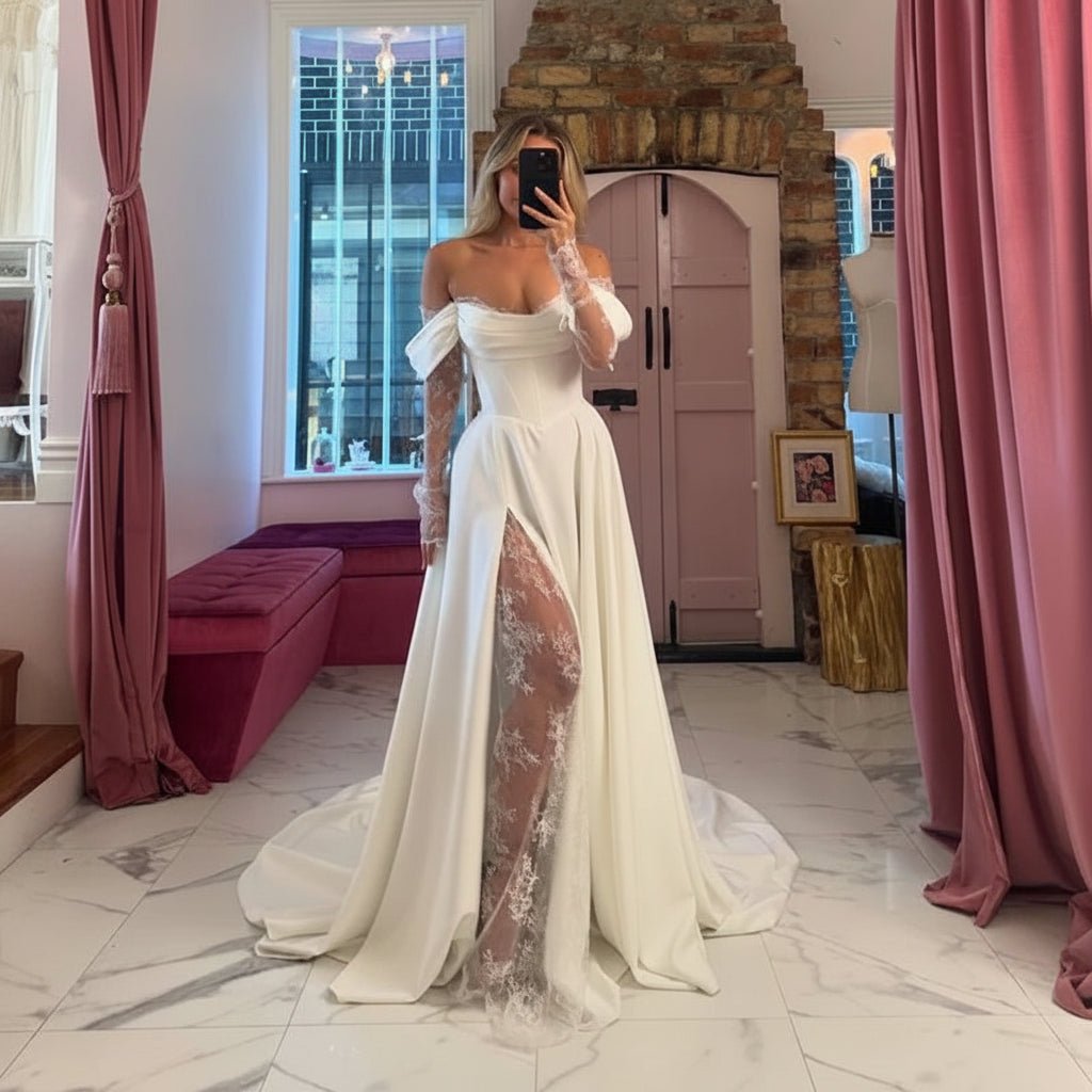 Square-Neck Off-Shoulder Satin & Lace A-Line Wedding Dress - Luzilly Bridal & Apparel
