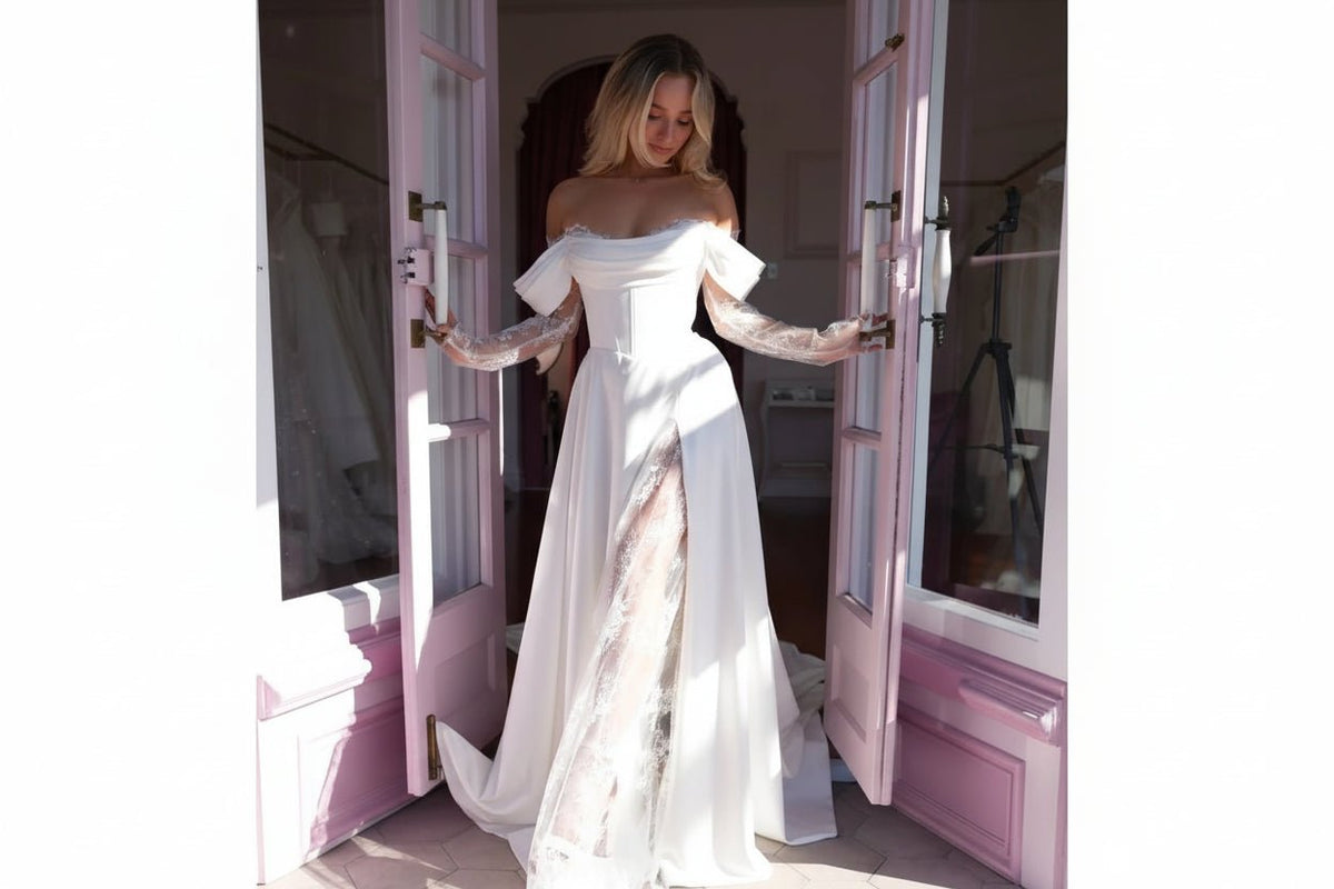Square-Neck Off-Shoulder Satin & Lace A-Line Wedding Dress - Luzilly Bridal & Apparel