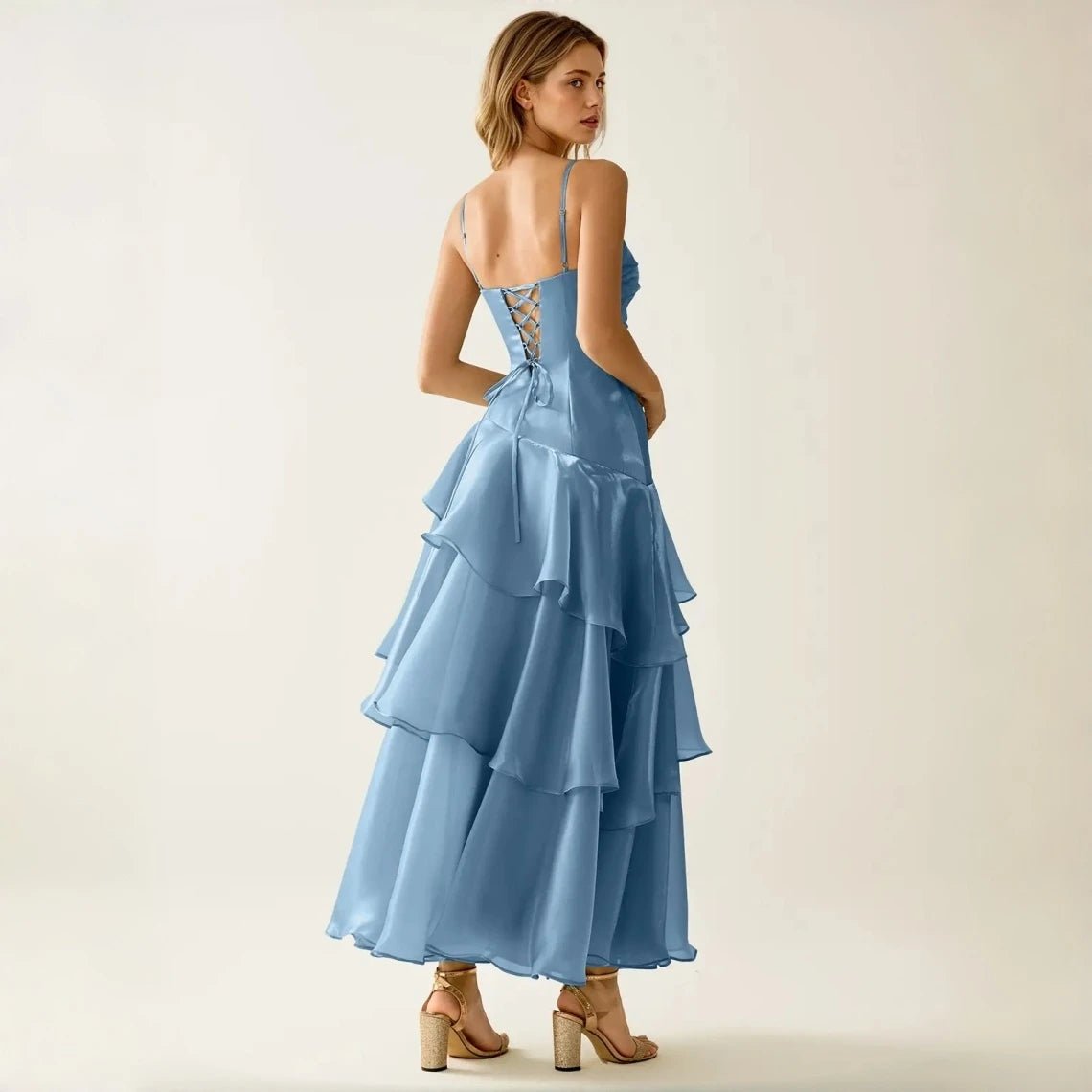 Square-Neck Ruched Satin Maxi Bridesmaid Dress - Luzilly Bridal & Apparel