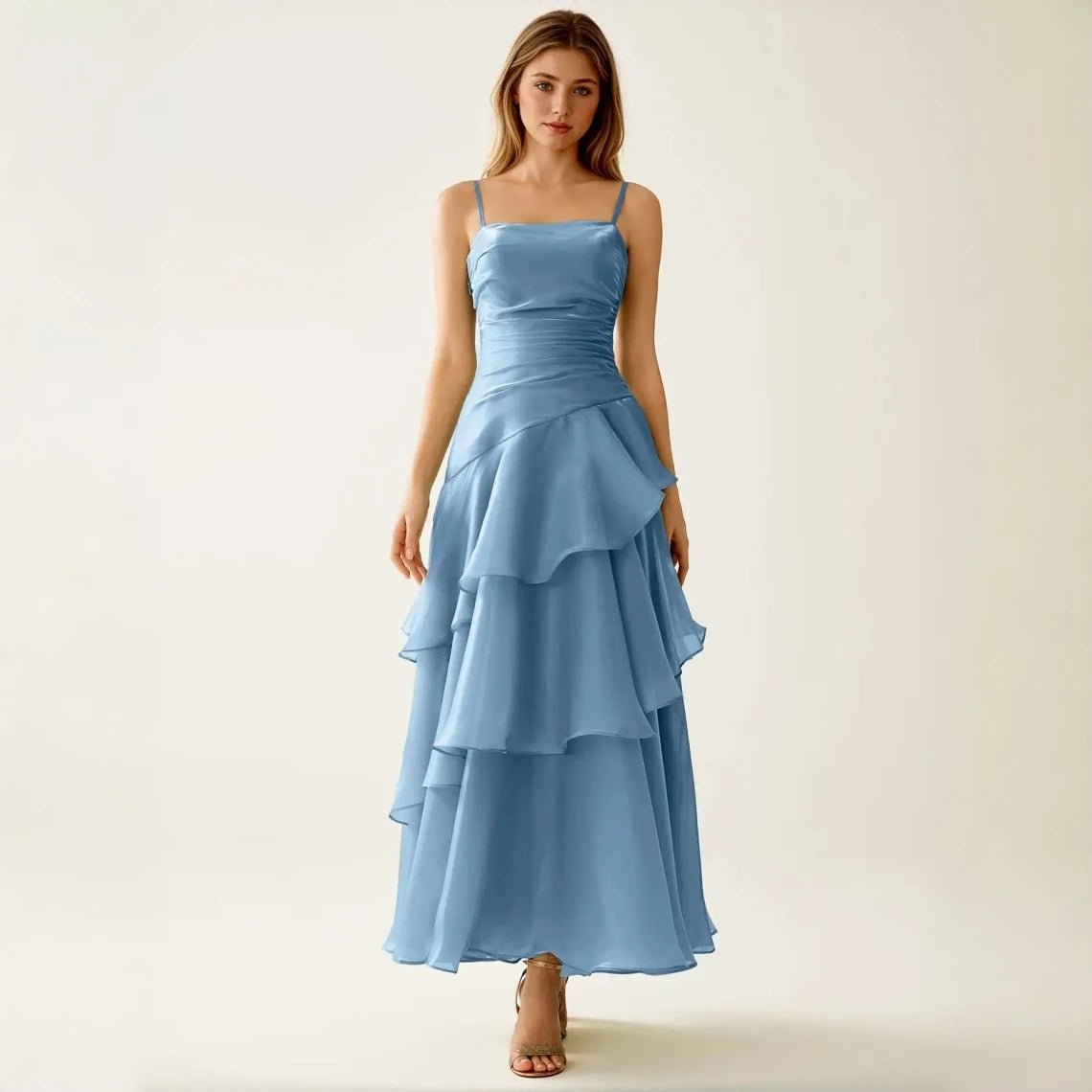 Square-Neck Ruched Satin Maxi Bridesmaid Dress - Luzilly Bridal & Apparel