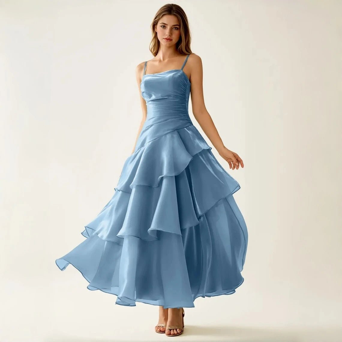Square-Neck Ruched Satin Maxi Bridesmaid Dress - Luzilly Bridal & Apparel