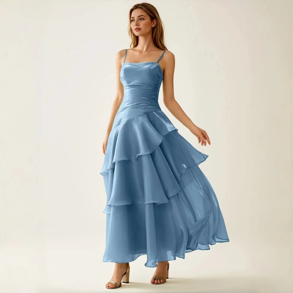 Square-Neck Ruched Satin Maxi Bridesmaid Dress - Luzilly Bridal & Apparel