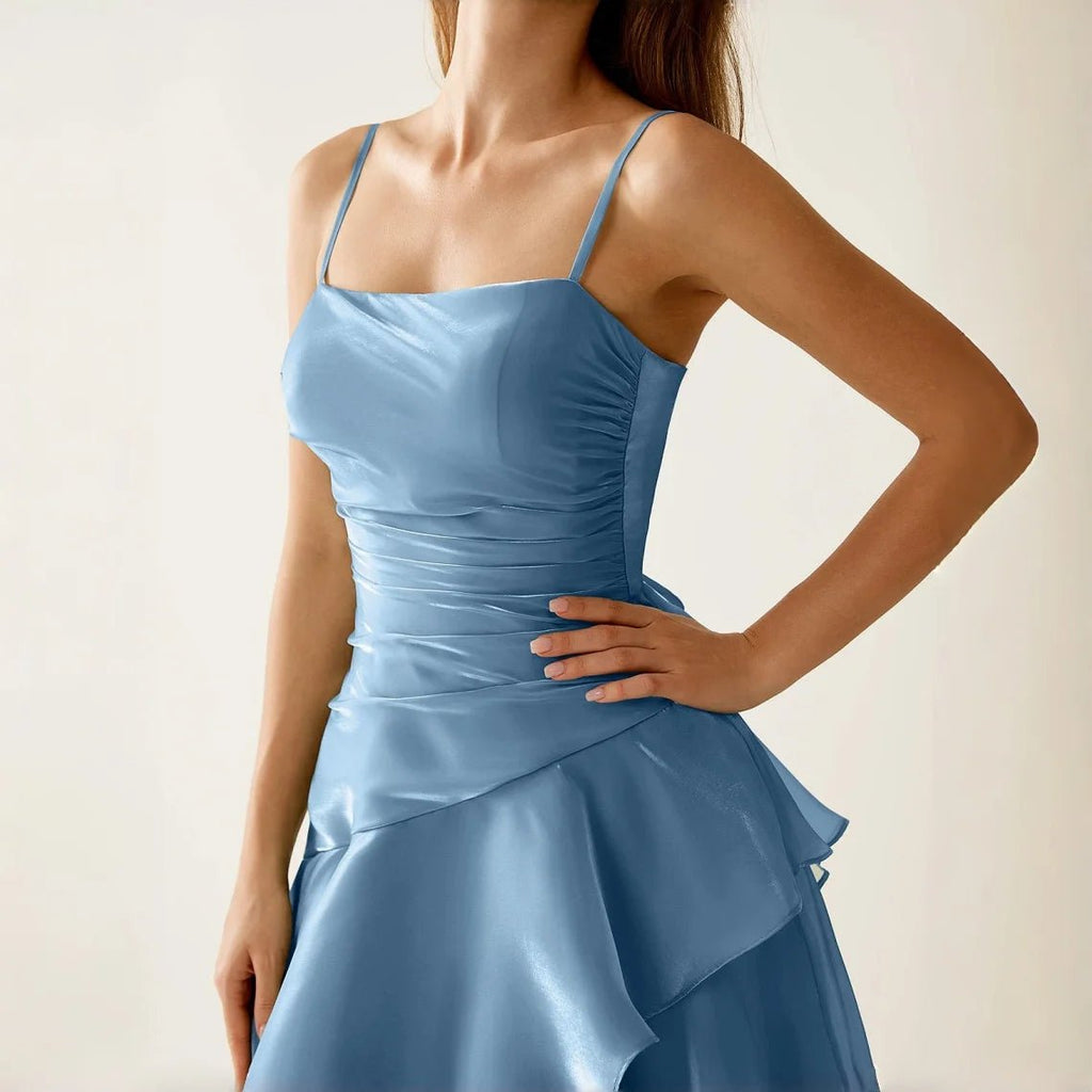 Square-Neck Ruched Satin Maxi Bridesmaid Dress - Luzilly Bridal & Apparel