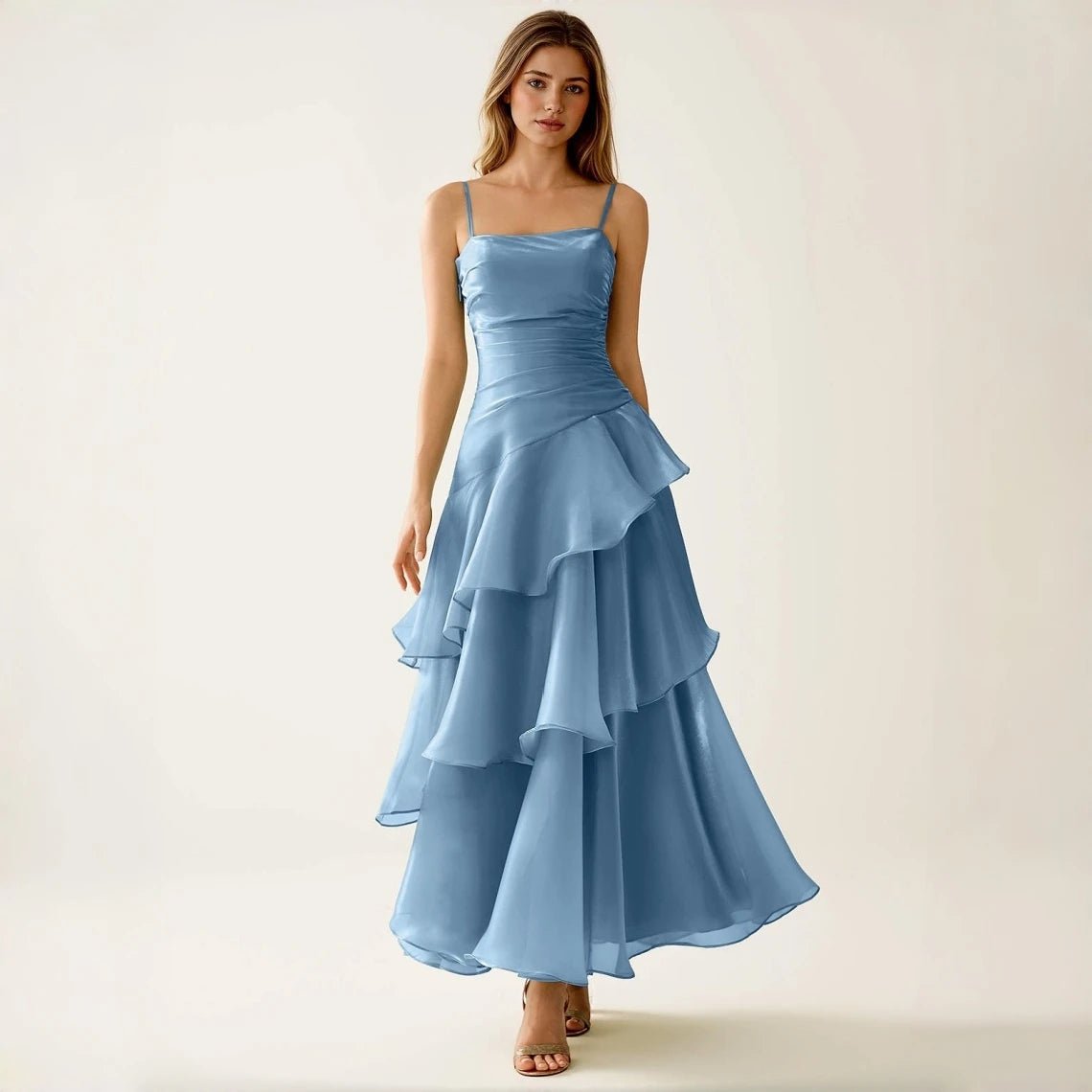 Square-Neck Ruched Satin Maxi Bridesmaid Dress - Luzilly Bridal & Apparel
