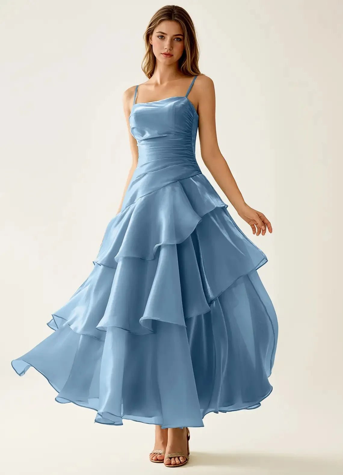 Square-Neck Ruched Satin Maxi Bridesmaid Dress - Luzilly Bridal & Apparel