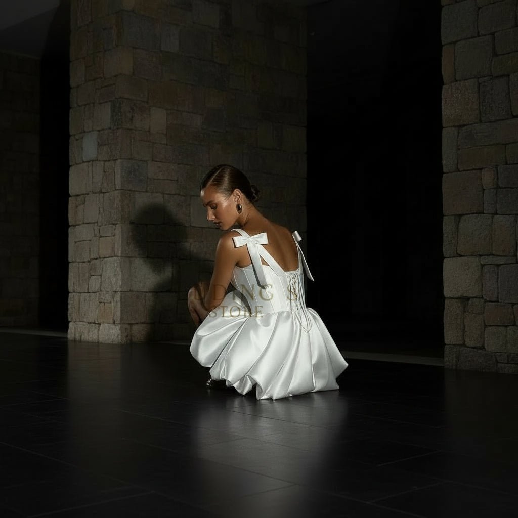 Square-Neck Satin Bow-Back Beach Mini Wedding Dress - Luzilly Bridal & Apparel