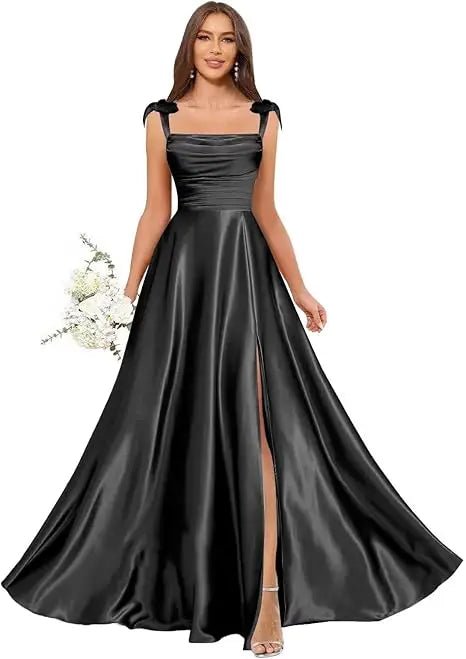 Square-Strap A-Line Bridesmaid Dress with Bow & Side Slit - Luzilly Bridal & Apparel