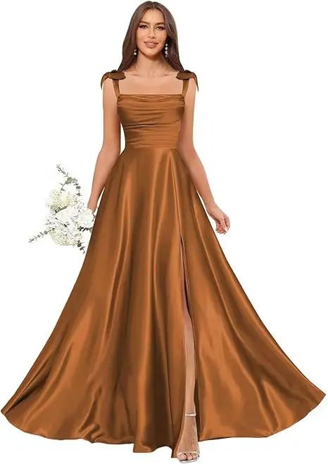 Square-Strap A-Line Bridesmaid Dress with Bow & Side Slit - Luzilly Bridal & Apparel