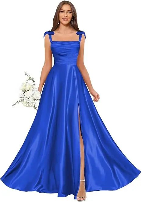 Square-Strap A-Line Bridesmaid Dress with Bow & Side Slit - Luzilly Bridal & Apparel