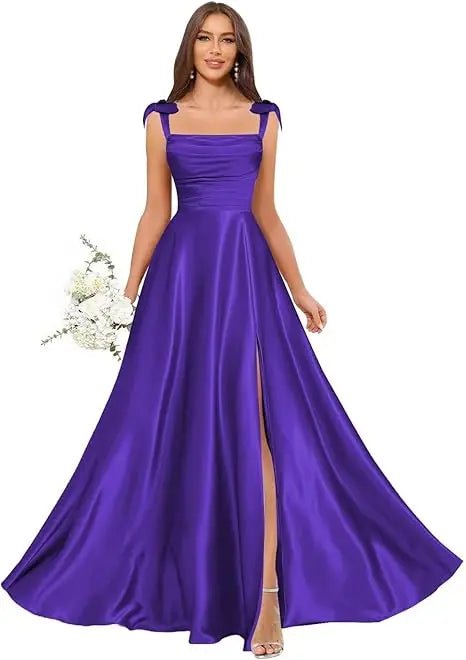 Square-Strap A-Line Bridesmaid Dress with Bow & Side Slit - Luzilly Bridal & Apparel