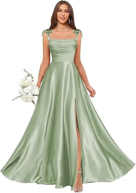 Square-Strap A-Line Bridesmaid Dress with Bow & Side Slit - Luzilly Bridal & Apparel