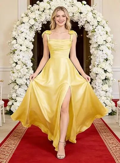 Square-Strap A-Line Bridesmaid Dress with Bow & Side Slit - Luzilly Bridal & Apparel