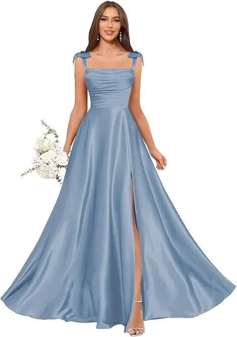 Square-Strap A-Line Bridesmaid Dress with Bow & Side Slit - Luzilly Bridal & Apparel
