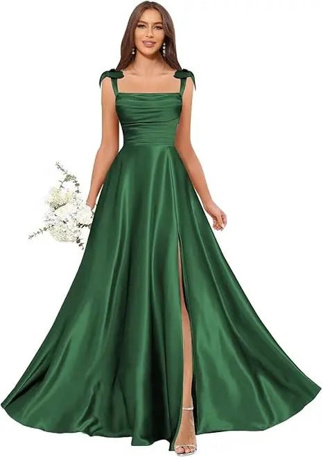 Square-Strap A-Line Bridesmaid Dress with Bow & Side Slit - Luzilly Bridal & Apparel