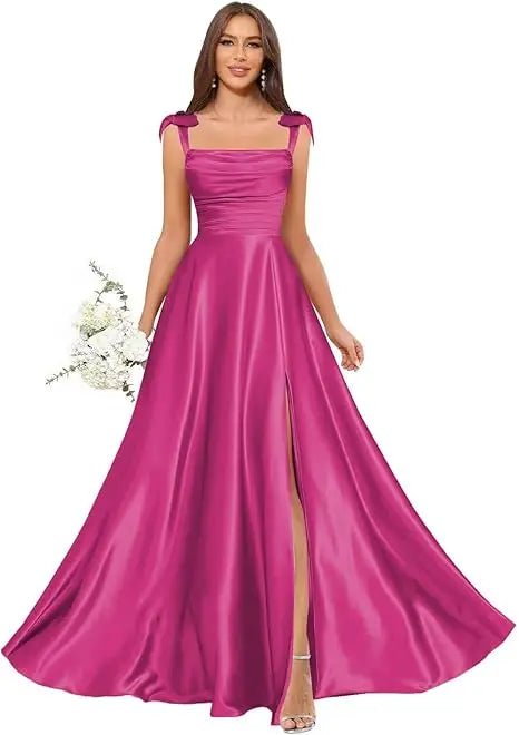 Square-Strap A-Line Bridesmaid Dress with Bow & Side Slit - Luzilly Bridal & Apparel