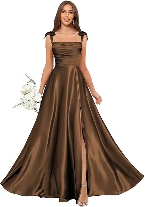 Square-Strap A-Line Bridesmaid Dress with Bow & Side Slit - Luzilly Bridal & Apparel
