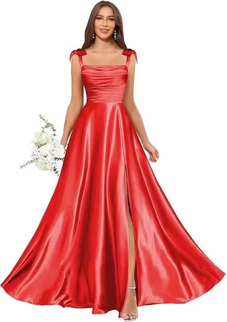 Square-Strap A-Line Bridesmaid Dress with Bow & Side Slit - Luzilly Bridal & Apparel