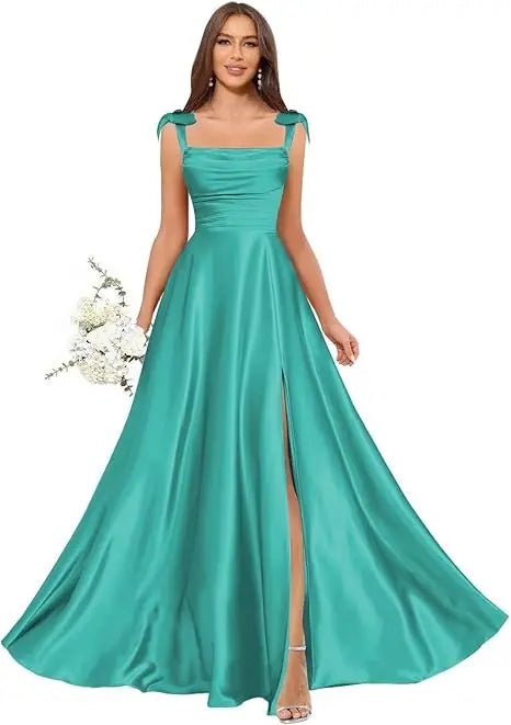 Square-Strap A-Line Bridesmaid Dress with Bow & Side Slit - Luzilly Bridal & Apparel