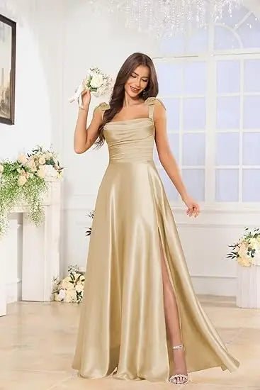 Square-Strap A-Line Bridesmaid Dress with Bow & Side Slit - Luzilly Bridal & Apparel