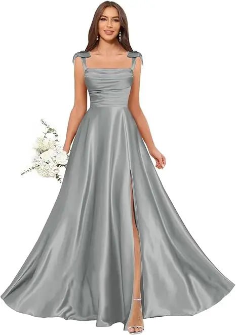 Square-Strap A-Line Bridesmaid Dress with Bow & Side Slit - Luzilly Bridal & Apparel