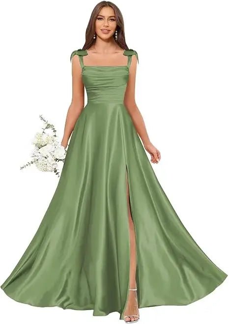 Square-Strap A-Line Bridesmaid Dress with Bow & Side Slit - Luzilly Bridal & Apparel