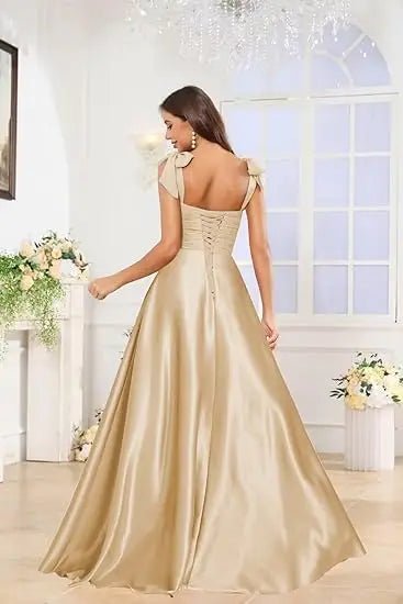 Square-Strap A-Line Bridesmaid Dress with Bow & Side Slit - Luzilly Bridal & Apparel