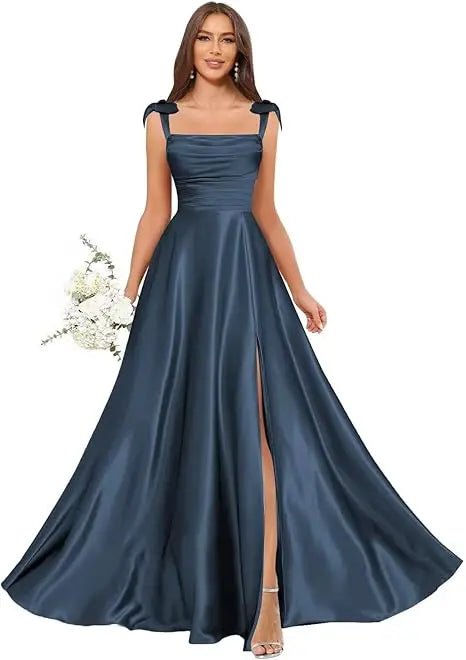 Square-Strap A-Line Bridesmaid Dress with Bow & Side Slit - Luzilly Bridal & Apparel