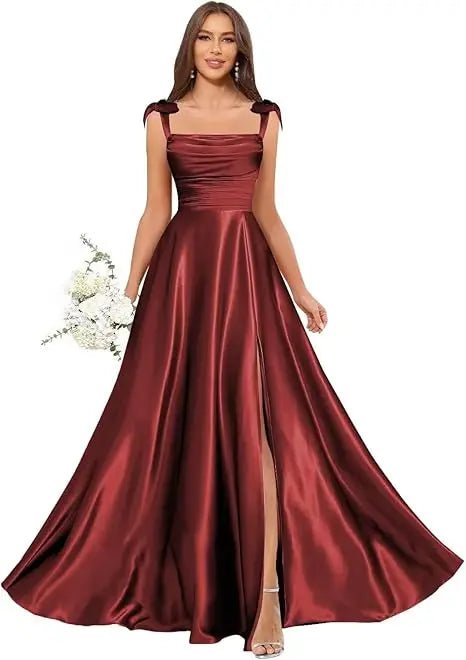 Square-Strap A-Line Bridesmaid Dress with Bow & Side Slit - Luzilly Bridal & Apparel