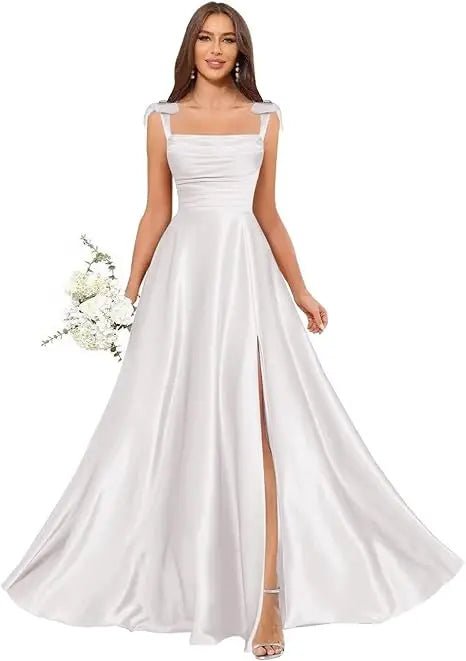 Square-Strap A-Line Bridesmaid Dress with Bow & Side Slit - Luzilly Bridal & Apparel