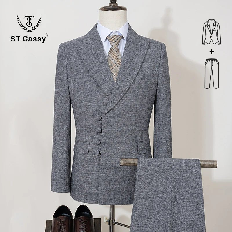 ST Cassy Elegant Men's Suits for Wedding Slim Fit Double Breasted Multiple Buttons Casual Business Two-Piece Dress Party Outfit - Luzilly Bridal & Apparel