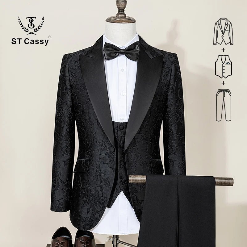 ST Cassy high quality luxury men's suit 3 piece set dinner black party tuxedo banquet attire Fashion Male Groom wedding - Luzilly Bridal & Apparel