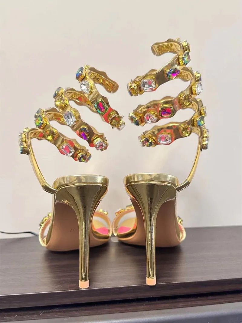 Star style Luxury Crystal Embellished Wraparound Women Sandals Stiletto High heels Gladiator Sandals Summer Wedding Prom Shoes - Luzilly Bridal & Apparel