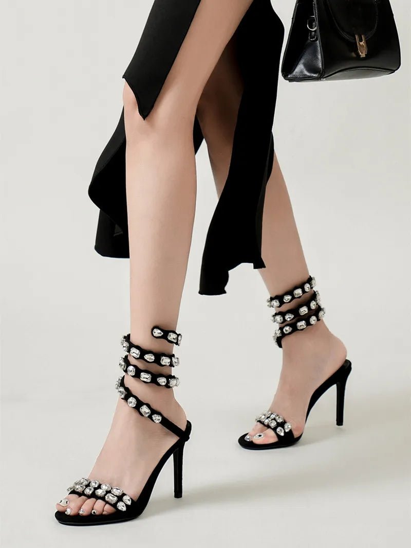 Star style Luxury Crystal Embellished Wraparound Women Sandals Stiletto High heels Gladiator Sandals Summer Wedding Prom Shoes - Luzilly Bridal & Apparel