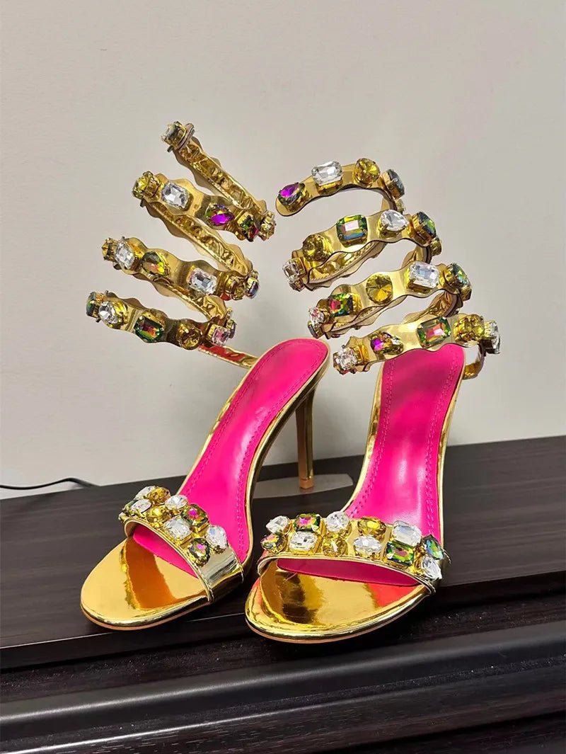 Star style Luxury Crystal Embellished Wraparound Women Sandals Stiletto High heels Gladiator Sandals Summer Wedding Prom Shoes - Luzilly Bridal & Apparel