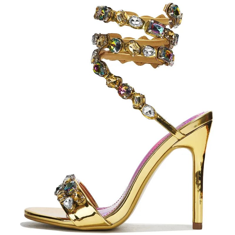 Star style Luxury Crystal Embellished Wraparound Women Sandals Stiletto High heels Gladiator Sandals Summer Wedding Prom Shoes - Luzilly Bridal & Apparel